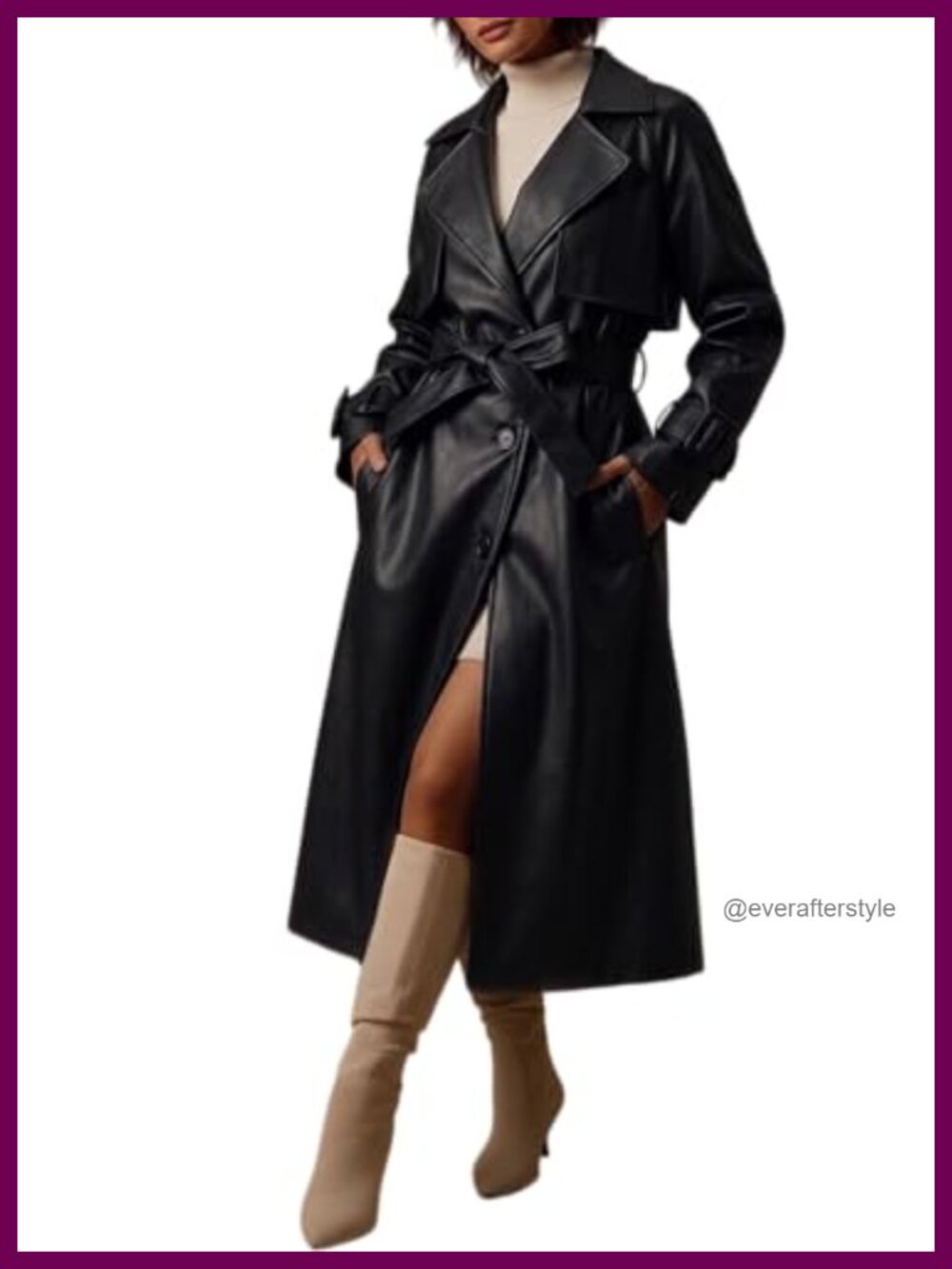 Faux Leather Classic Trench Coat Loose Belted Lapel Long
